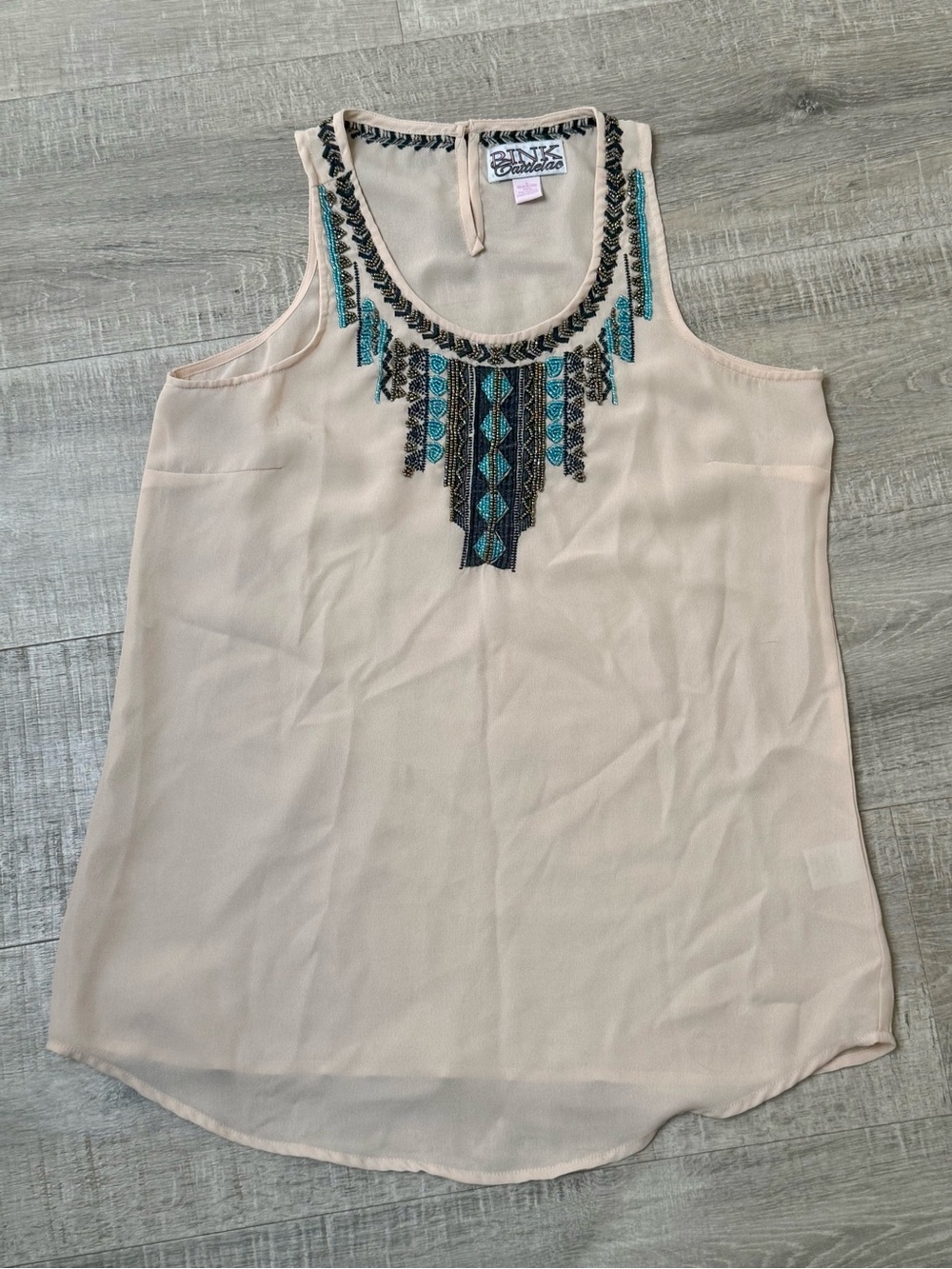 Pink Cattlelac Blush Tank with Turquoise & Black Embroidery